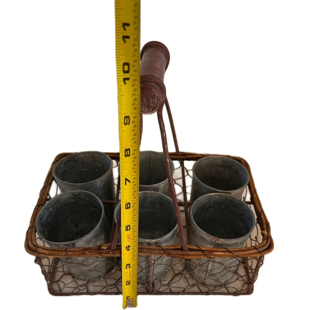 French Basket Farmhouse Rustic Wire Handle‎ 6 Cup Galvanized Metal Herb Pots